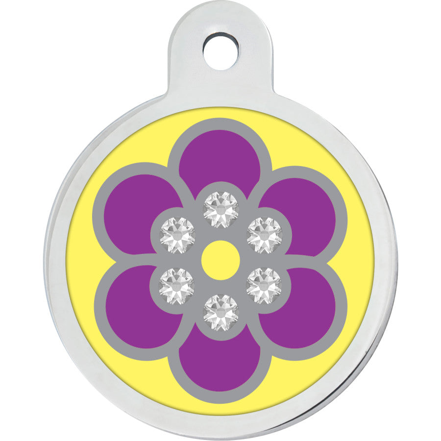 Engraved ID Tag: Large Round Flower with Crystals - Large Sized Tag